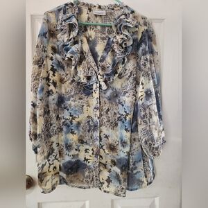 Avenue Ruffled Floral Blouse - Blue and Cream